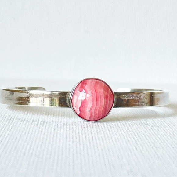 Jewelry - Sterling Silver Bangle Cuff Bracelet with Pink Rhodochrosite Stone